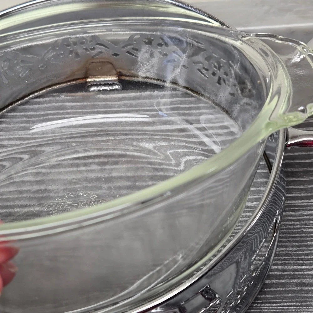 Vintage Fire-King and Pyrex Casserole Set with Silver Plated Filigree‎ Carriers